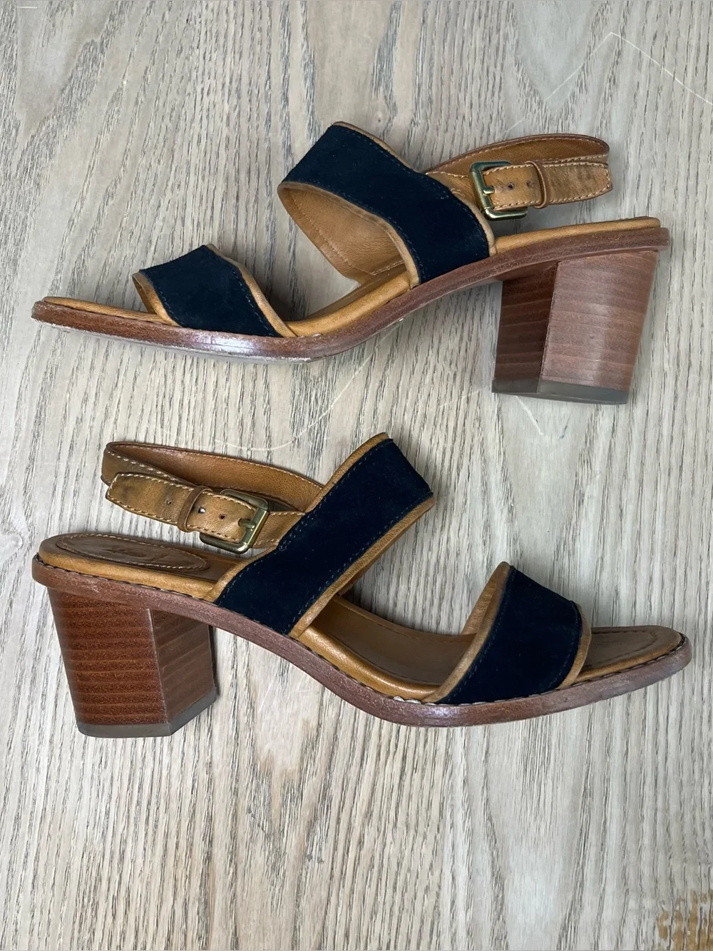 Frye Women’s Black Tan Two-Band Block Heel Slingback Leather Sandals Size 7.5